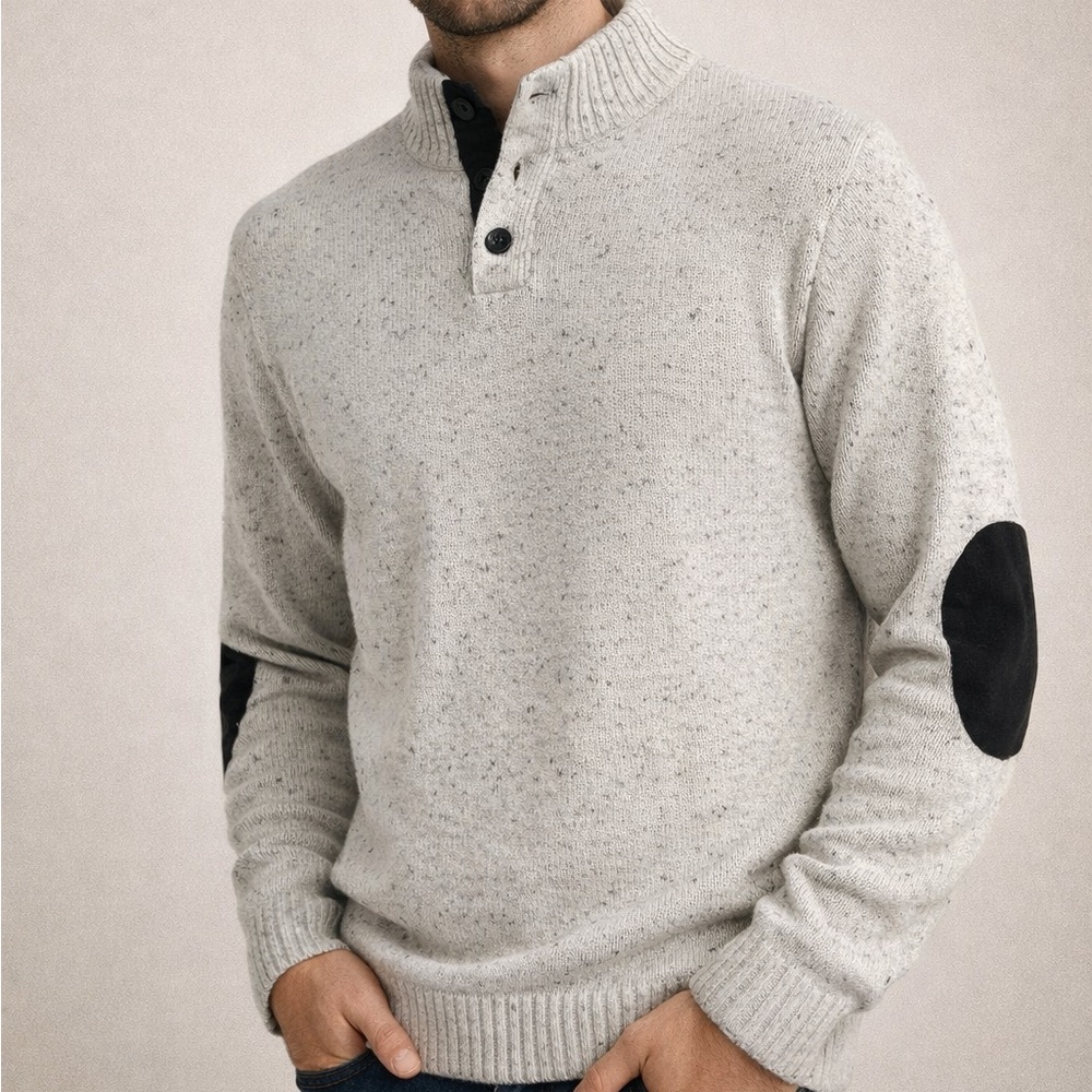 Chaps Men's XL Mock Neck Henley Sweater white Speckled Knit‎ w/ elbow patches